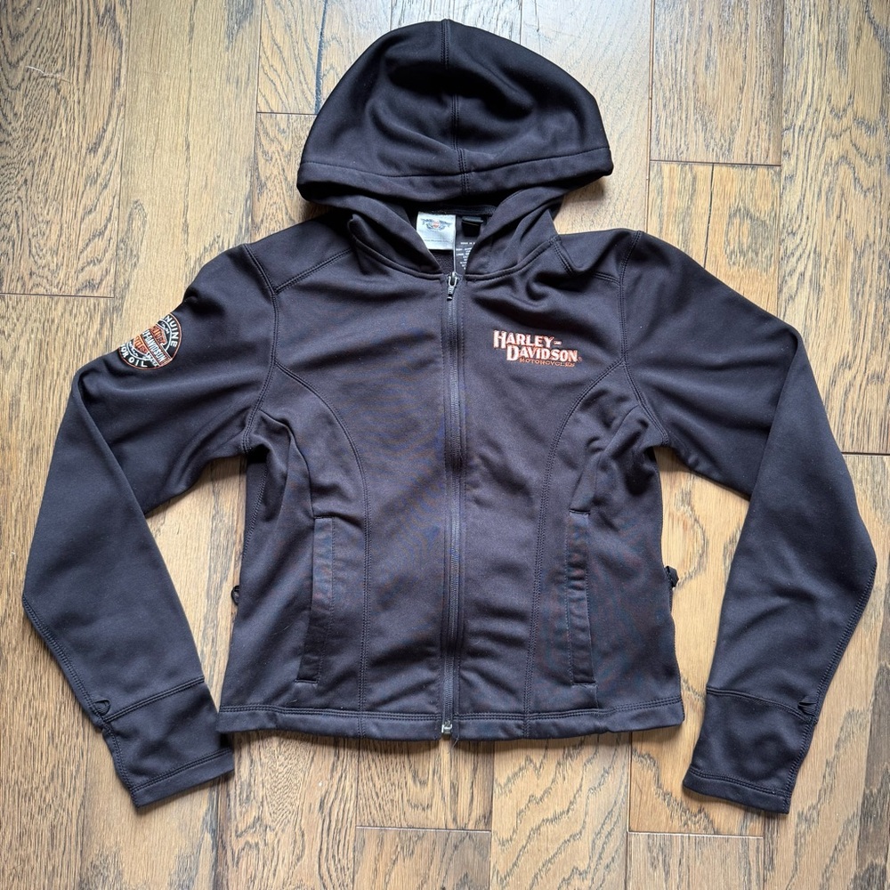 Harley Davidson Black Leather Activewear Patch Jacket Womens Size Medium